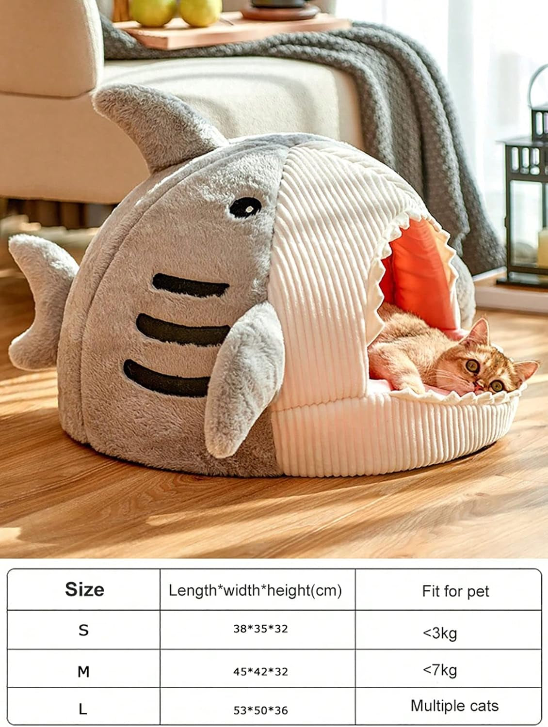 Cat Mat Shark-Shaped Kennel Kitten Bed Hideout House Warm Soft Comfortable Semi-Closed Cat Dog Nest Grey Medium