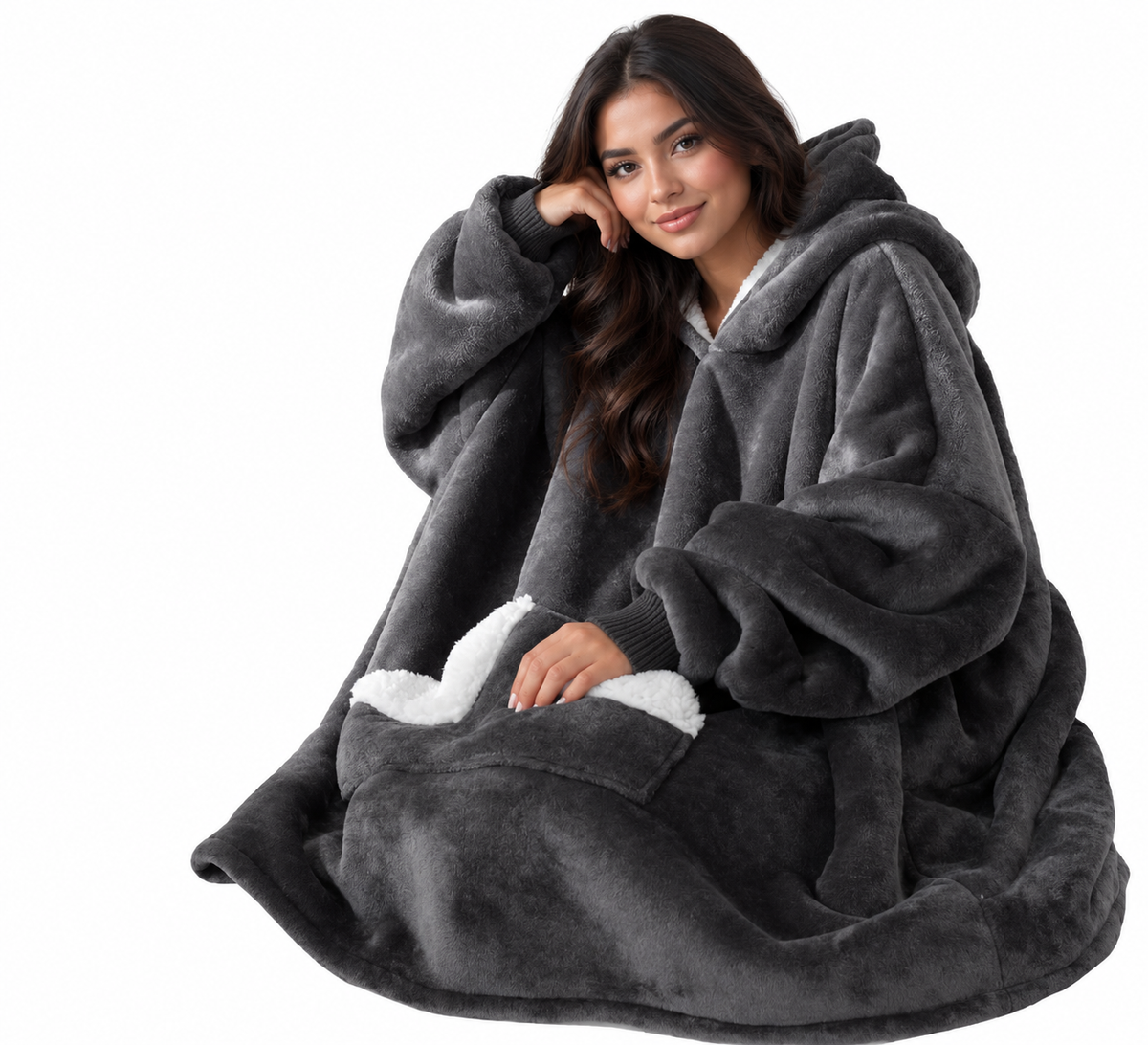 Wearable Blanket Hoodie, Oversized Sherpa Fleece Sweatshirt Blanket with Giant Hood Pocket and Sleeves for Adult, Warm & Cozy Grey Blanket Gifts for Women