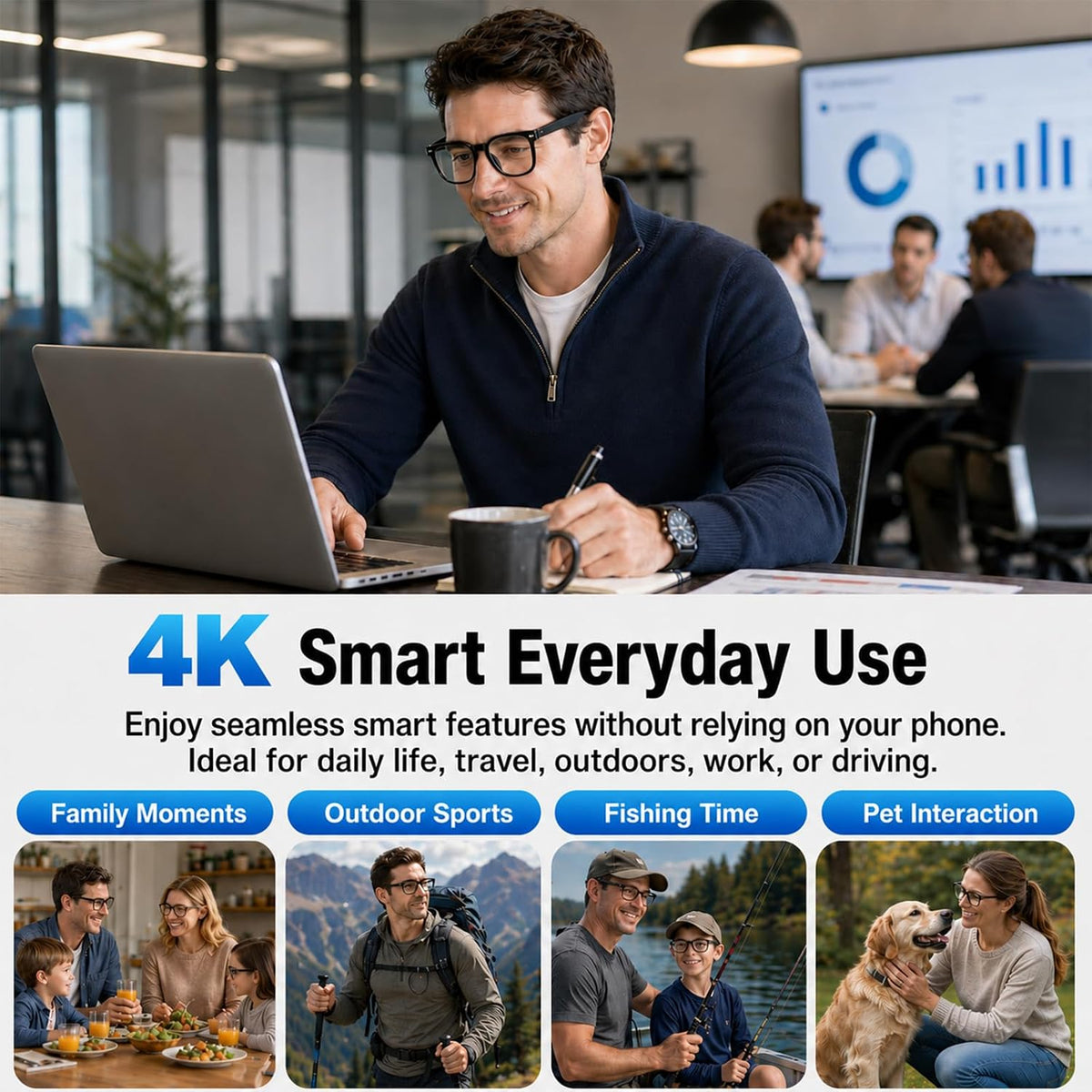 AI Smart Glasses with Camera, 4K Video, Real-Time Translation, AI Assistant