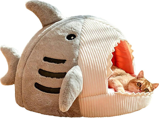 Cat Mat Shark-Shaped Kennel Kitten Bed Hideout House Warm Soft Comfortable Semi-Closed Cat Dog Nest Grey Medium