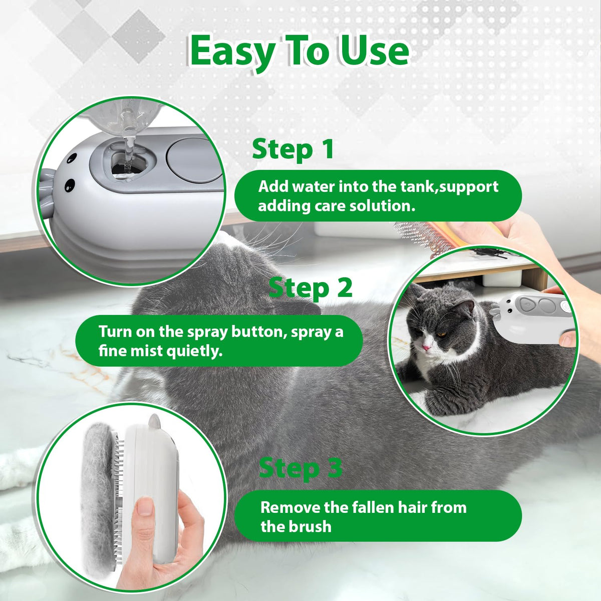 Cat Steam Brush with Release Button, 3 in 1 Pet Spray Water Comb