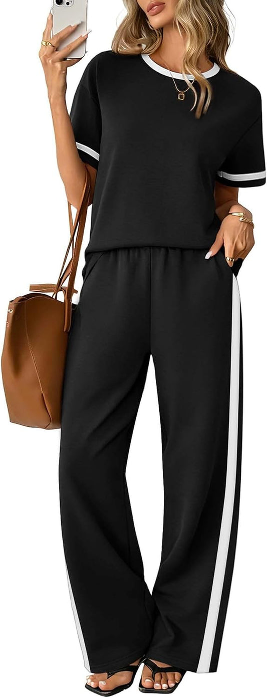 2 Piece Sets for Women Matching Sets Summer Outfits Resort Wear Short Sleeve Lounge Set Wide Leg Pants with Pockets
