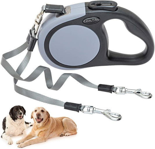 Dual Retractable Dog Leash for Two Dogs up to 110 Lbs, Heavy Duty Double Headed 16 Ft Extendable 360° Tangle-Free One Button & Lock Brake Dog Leash for Small Medium Large Dogs Grey