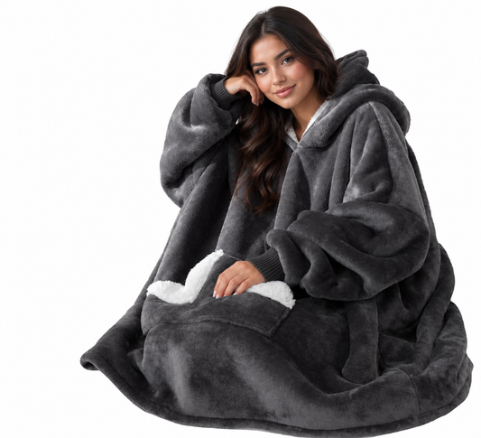 Wearable Blanket Hoodie, Oversized Sherpa Fleece Sweatshirt Blanket with Giant Hood Pocket and Sleeves for Adult, Warm & Cozy Grey Blanket Gifts for Women